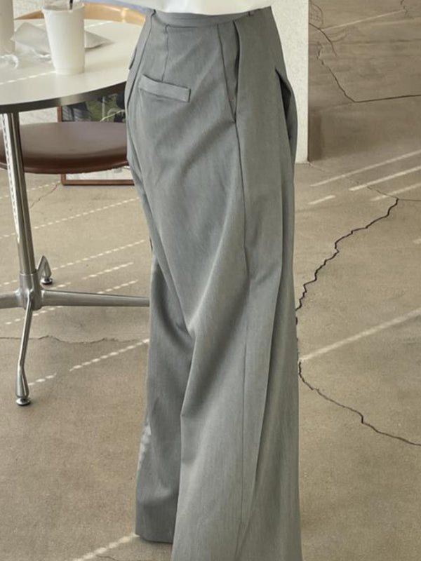 Wide Leg Pockets Solid Color Zipper Casual Pants Bottoms