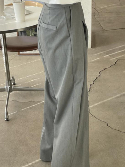 Wide Leg Pockets Solid Color Zipper Casual Pants Bottoms