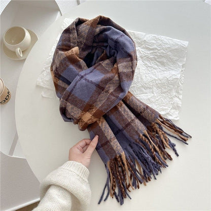 Color Block Plaid Fringe Scarf