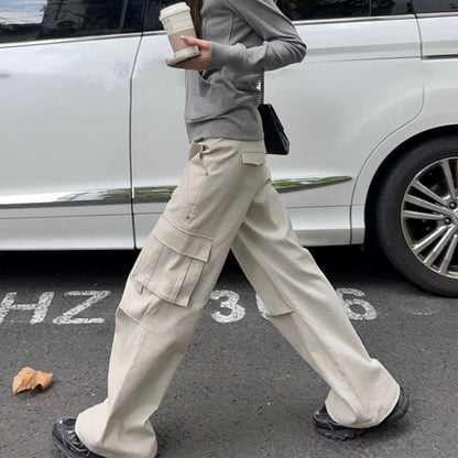 High-Waist Straight Leg Cargo Pants Cotton Loose Fit Women's Casual