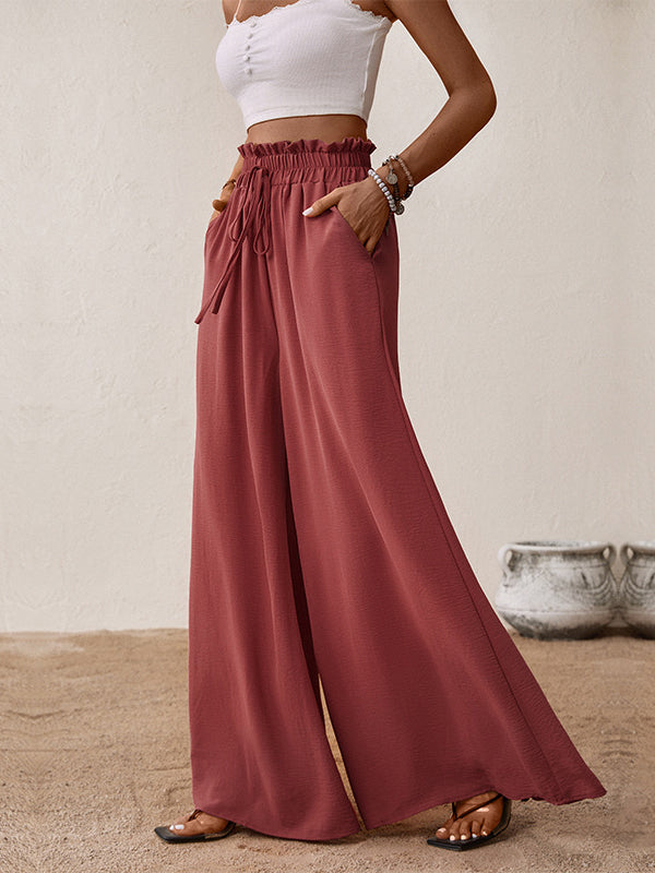 Flared Wide Leg Bandage Drawstring Solid Color Casual Pants Bottoms