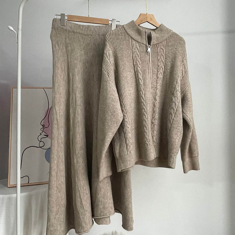 2 Pcs Fall Zip-Up Cardigan Maxi Skirt Set