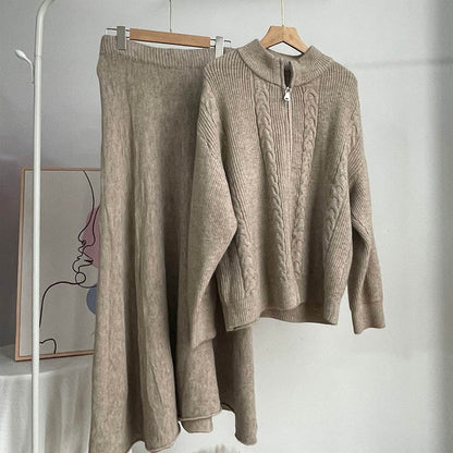 2 Pcs Fall Zip-Up Cardigan Maxi Skirt Set