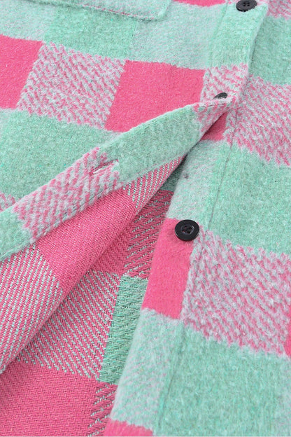 Pink Plaid Colorblock Casual Oversized Jacket