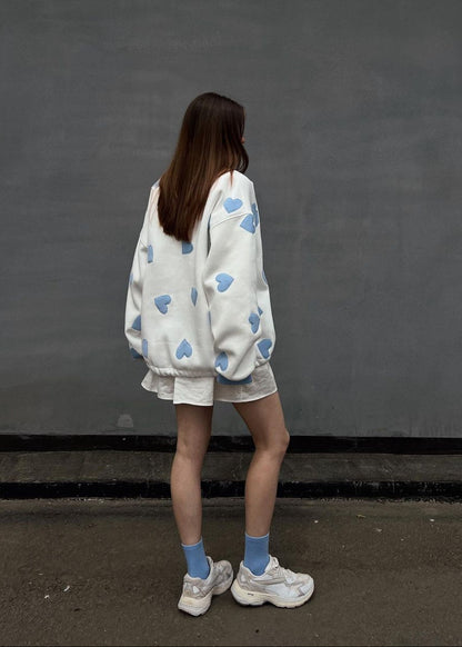 White Sweatshirt Soft Fabric Blue Heart Appliques