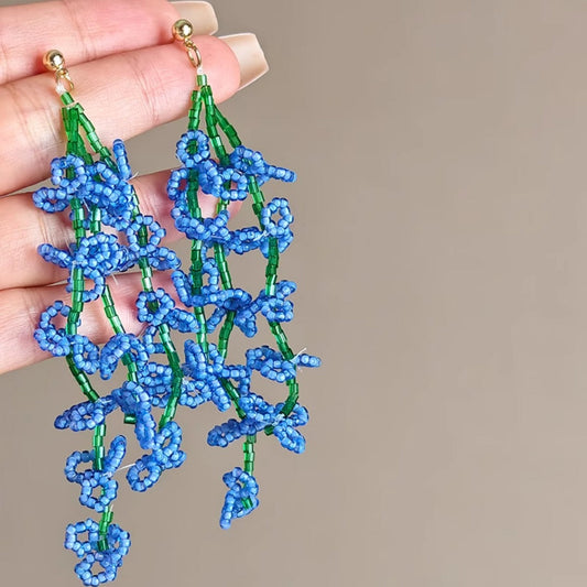 Earwish - Blue Beaded Iris Floral Earrings - Graceful &amp; Flowing