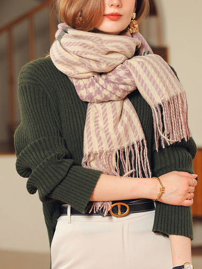Houndstooth Plaid Tasseled Shawl&Scarf
