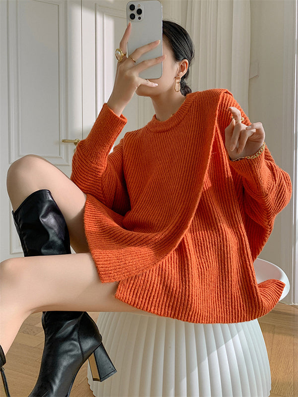 Irregularity Loose Solid Color Batwing Sleeves Round-Neck Sweater Tops