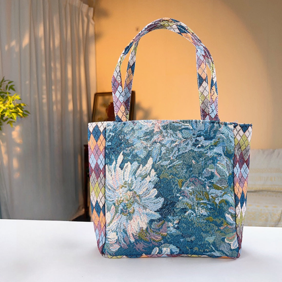 Cosbai - Diamond Pattern Lace Print Canvas Tote Bag