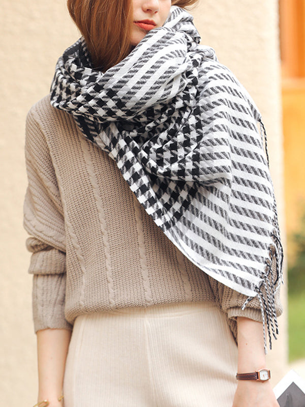 Houndstooth Plaid Tasseled Shawl&Scarf