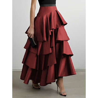 A-Line High Waisted Falbala Solid Color Long Skirts