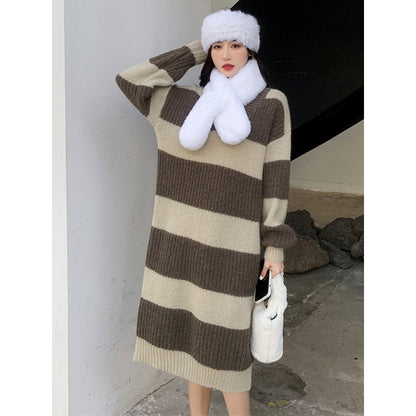 Stylish Loose Striped V-Neck Sweater Dresses