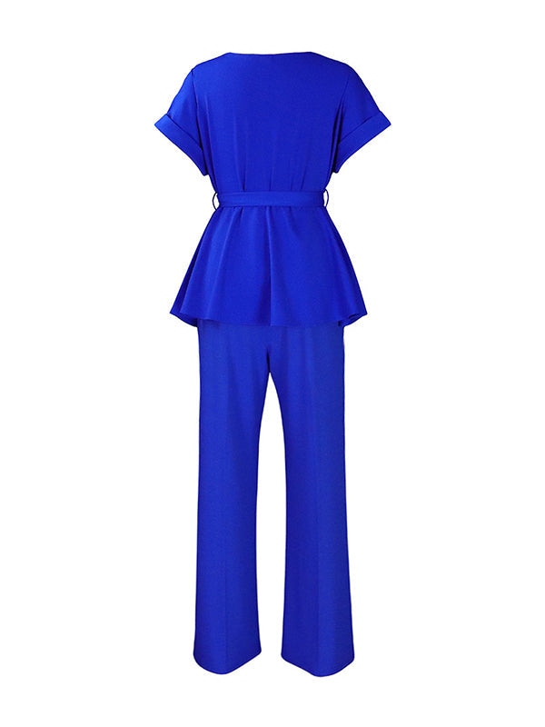 Solid Color Short Sleeves Tied Waist Round-Neck Shirts Top + High Waisted Pants Bottom Two Pieces Set