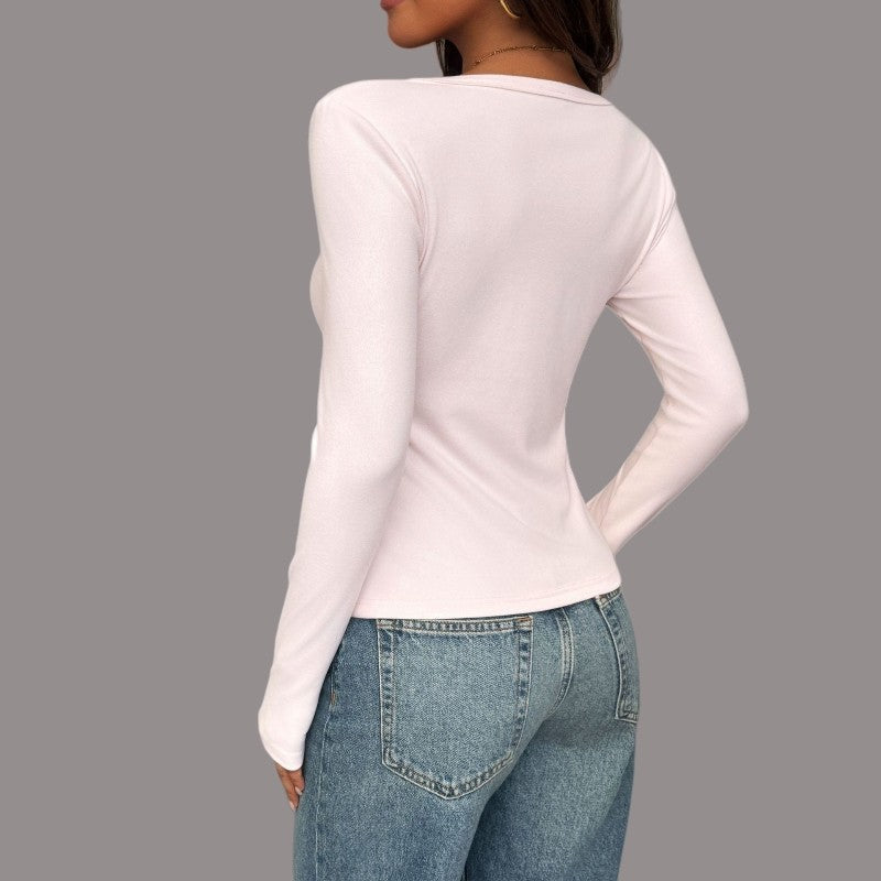 Long Sleeve U-Neck Polyester T-Shirt Jacket Solid Color