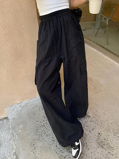 High Waisted Loose Drawstring Elasticity Pockets Solid Color Split-Joint Pants Trousers
