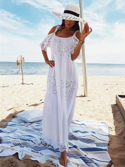 Spaghetti-Strap Lace Hollow Solid Beach Swimwear Maxi Dresses