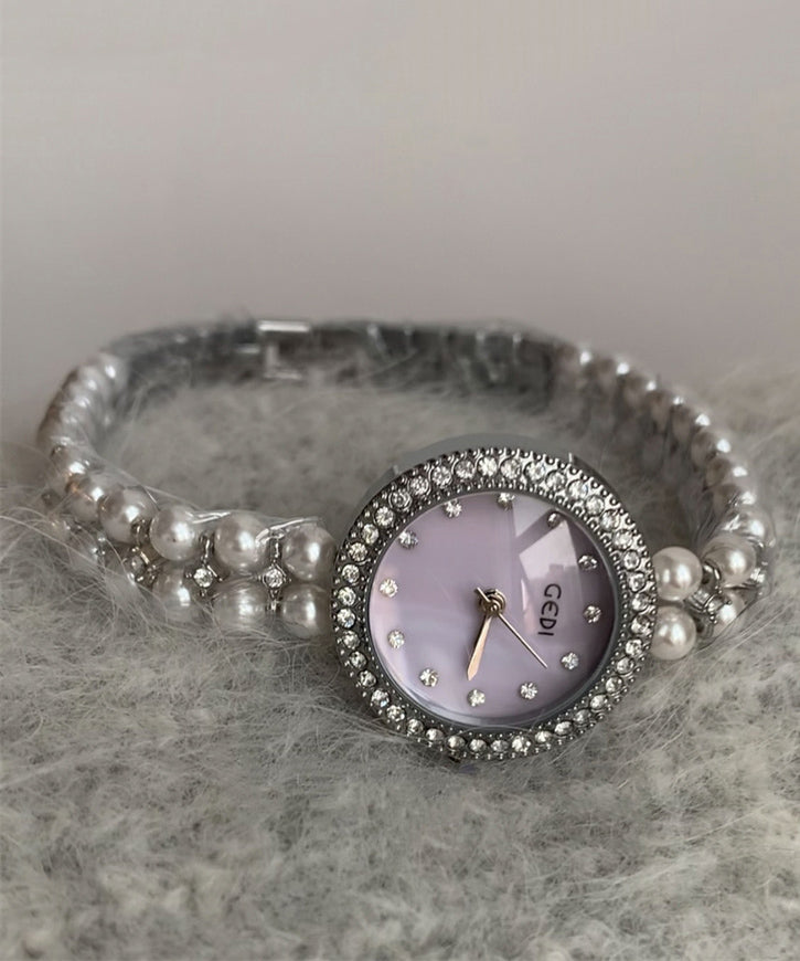 Chic Purple Stainless Steel Zircon Tempered Glass Watches