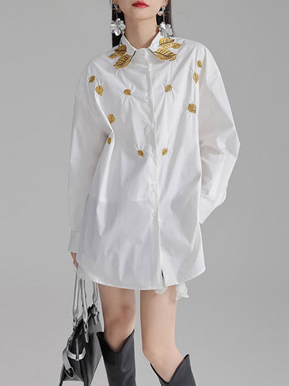 Long Sleeves Loose Buttoned Embroidered Split-Side Lapel Blouses&Shirts Tops