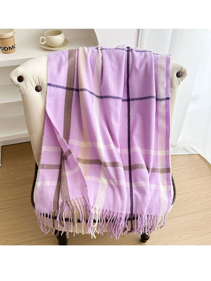 Scarvii - Reversible Color-Block Plaid Scarf with Fringe