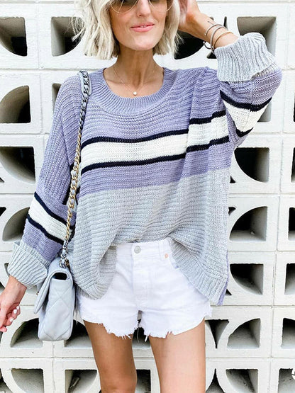 Casual Loose Contrast Color Striped Round-Neck Sweater Tops