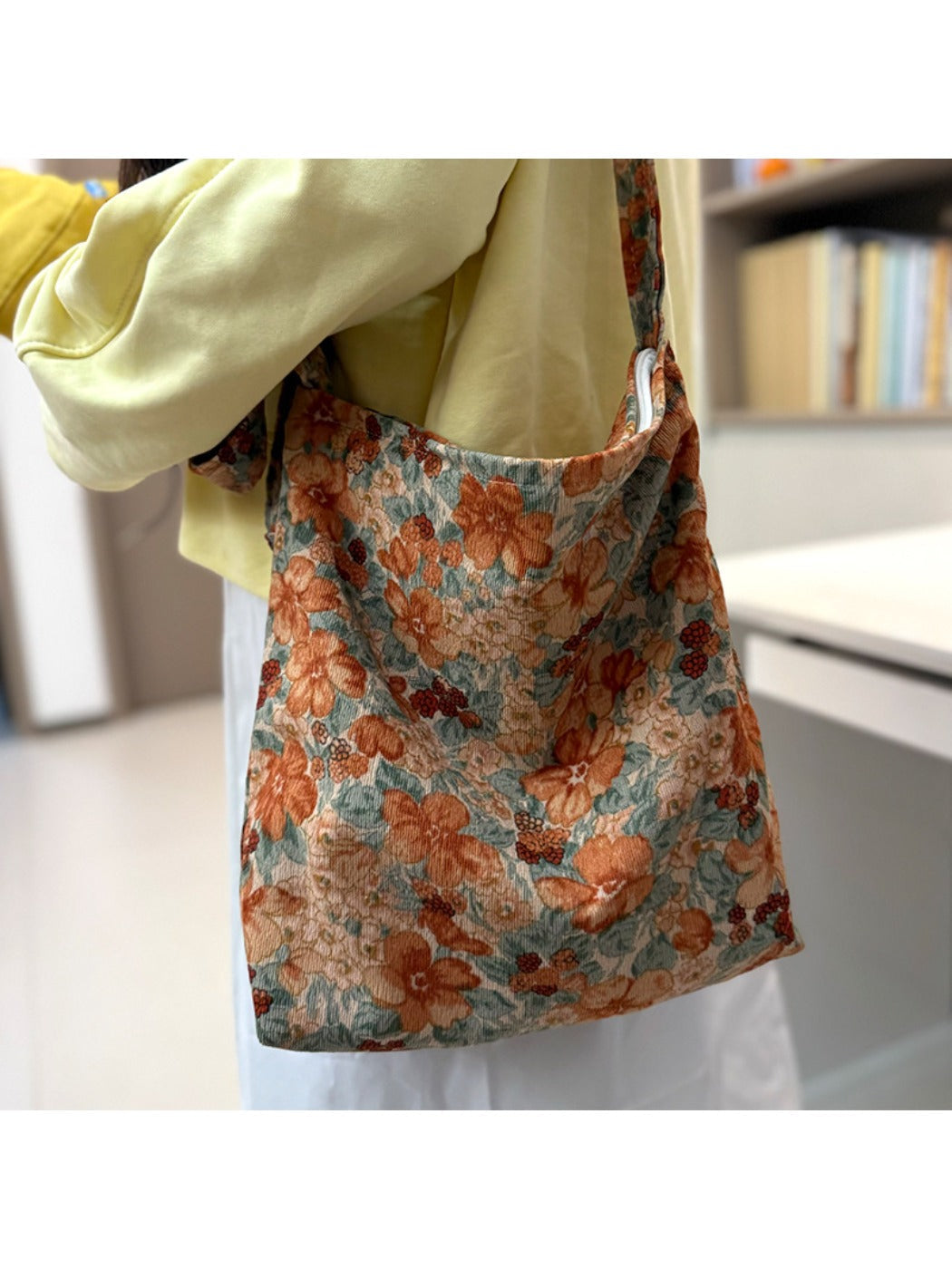 Cosbai - Canvas Crossbody Tote Bag with Floral Patterns