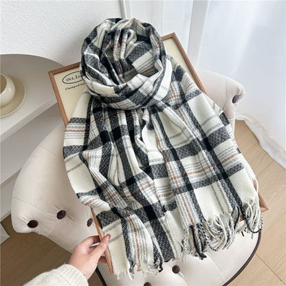 Color Block Plaid Fringe Scarf