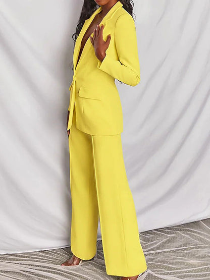 Long Sleeves Wrap Solid Color Deep V-Neck Cardigan&Pants Suits