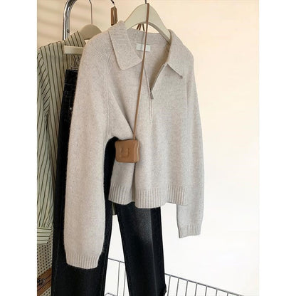 Solid Color Loose Collar Zipper Sweater Dacron Acrylic