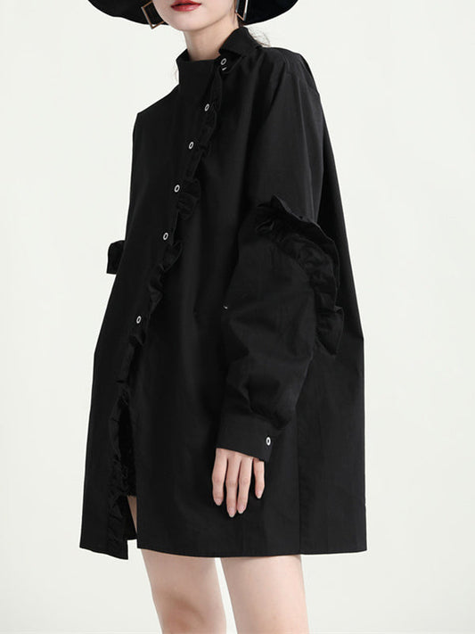 Loose Solid Color Ruffled Irregularity Buttoned Blouses