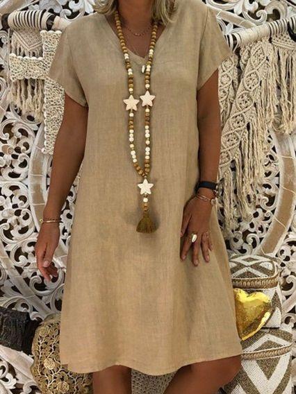 Short Sleeve Medium Skirt V-Neck Dress