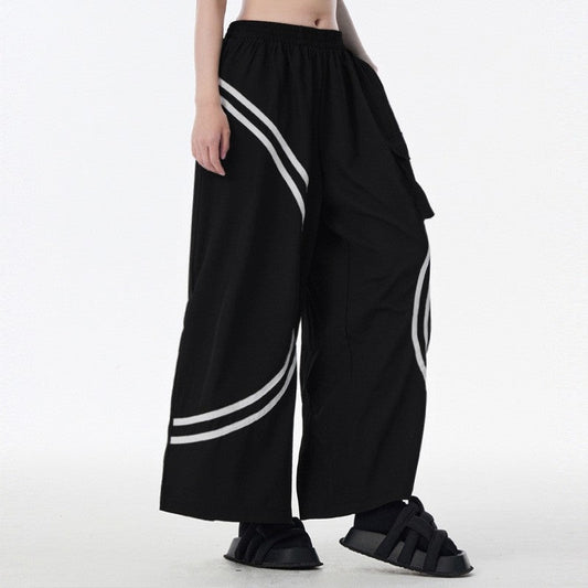 Striped Patch Pocket Loose Wide Leg Elastic Waist Pants