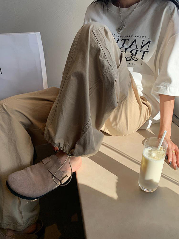 High Waisted Loose Drawstring Elasticity Pockets Solid Color Split-Joint Pants Trousers