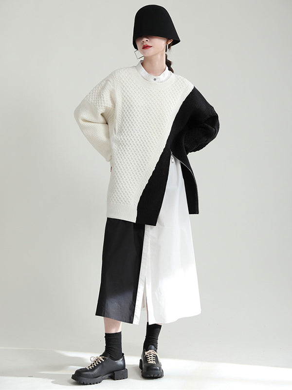 Urban Loose Contrast Color Split-Joint Sweater Top