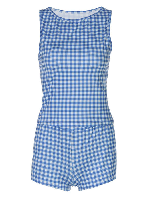 Casual Color Block Plaid Vest Shorts Set