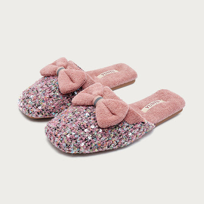 Elegant Sequins Plush Bow Knot Slippers