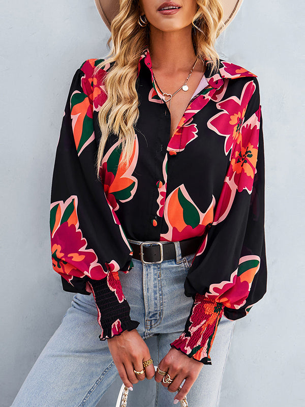 Long Sleeves Loose Buttoned Elasticity Flower Print Polo Blouses&Shirts Tops