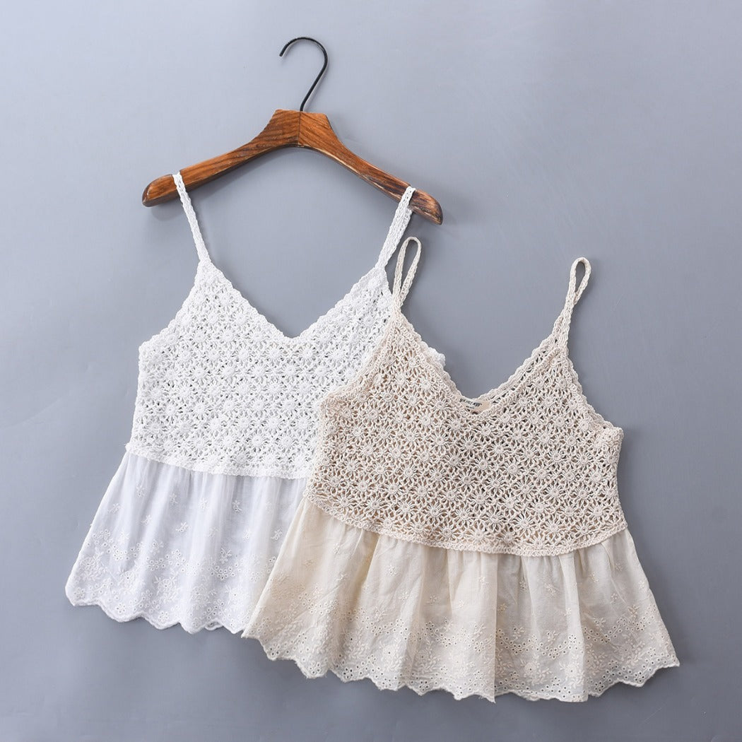 Vesty - Lace-Knit V-Neck Cami Top - White &amp; Beige