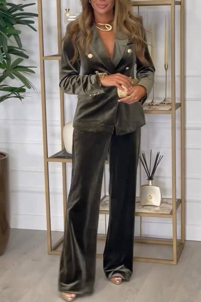 Guest of Honor Velvet Metal Button Lapel Blazer and Elastic Waist Pocketed Loose Pants Set