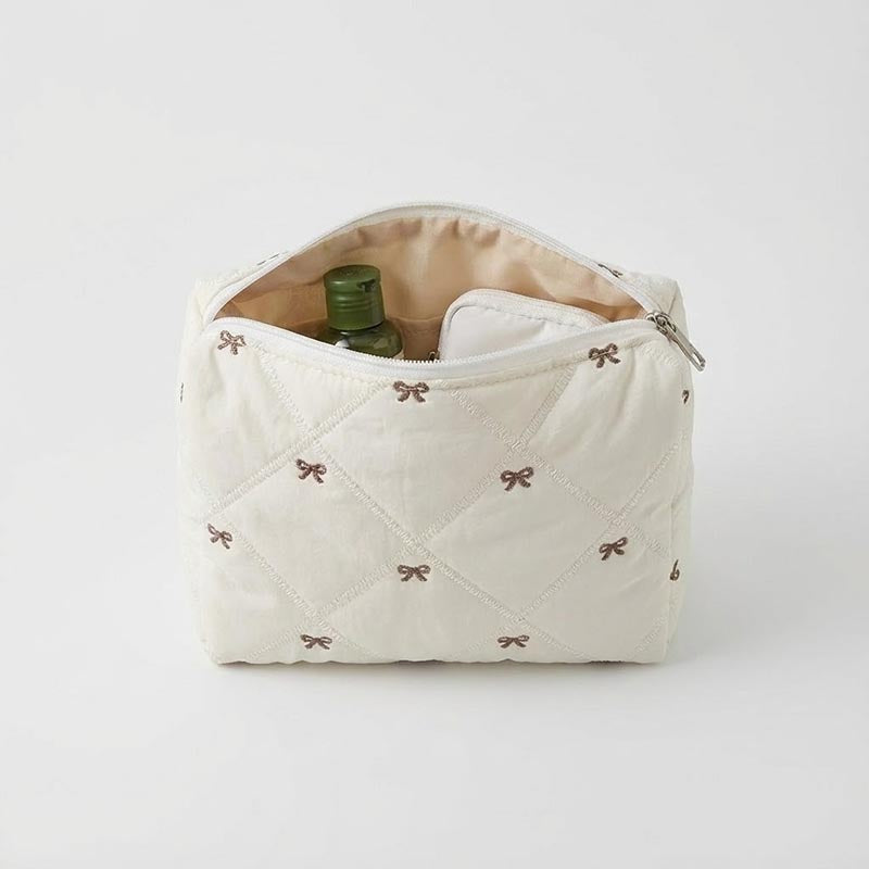 Simple Cotton Quilted Bow Embroidery Cosmetic Bag