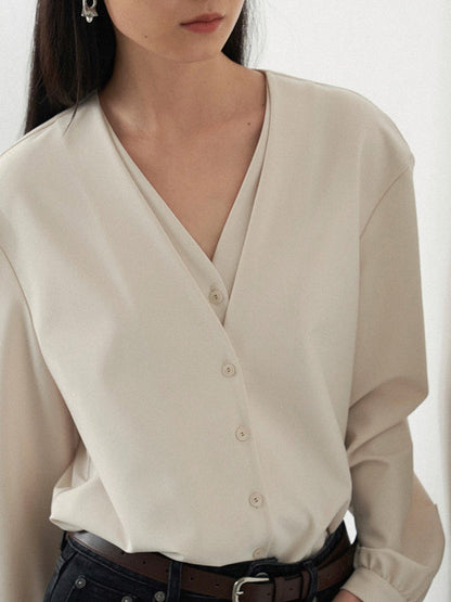 Solid Color V-Cut Double Layered Buttoned Retro Long Sleeves Blouses