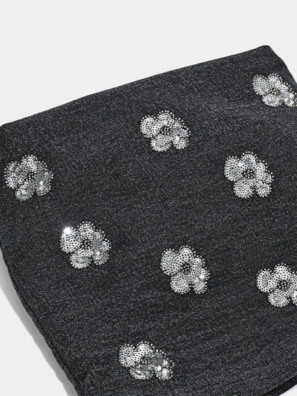 Cosbai - Black Single-shoulder Denim Bag with Sequin Decorations