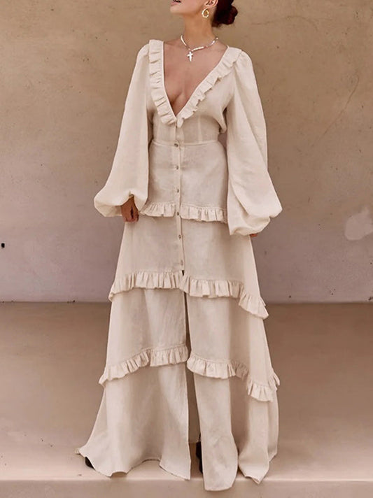 A-Line Long Sleeves Buttoned Elasticity Pleated Ruffle Trim Solid Color Split-Joint Tied Waist Deep V-Neck Maxi Dresses