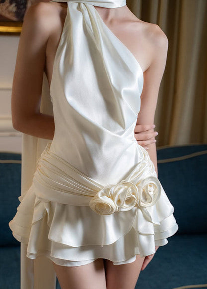 One Shoulder Satin Mini Dress with Layered Skirt