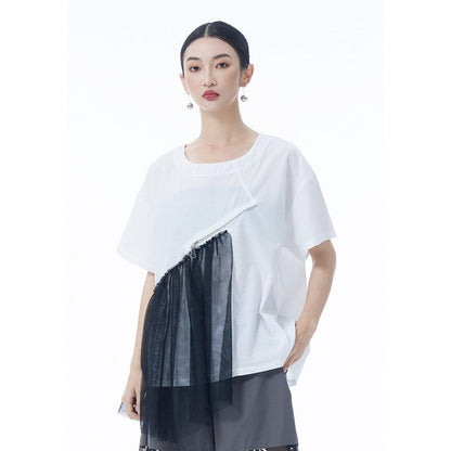 Vintage Mesh Zipper Short Sleeve T Shirt Women