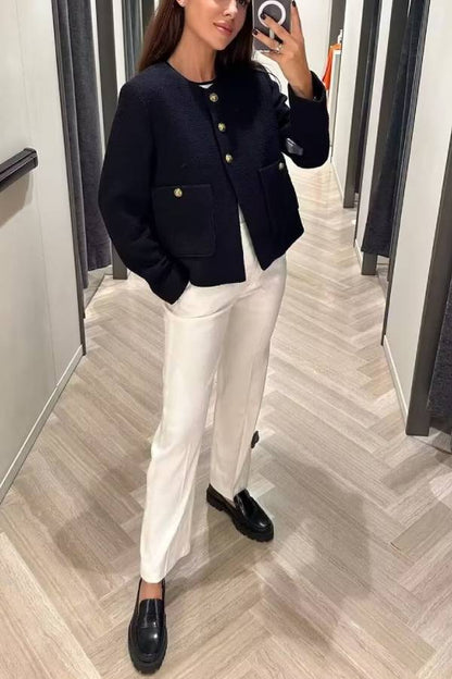 Round Neck Slim Fit Colorblock Women's Button Jacket