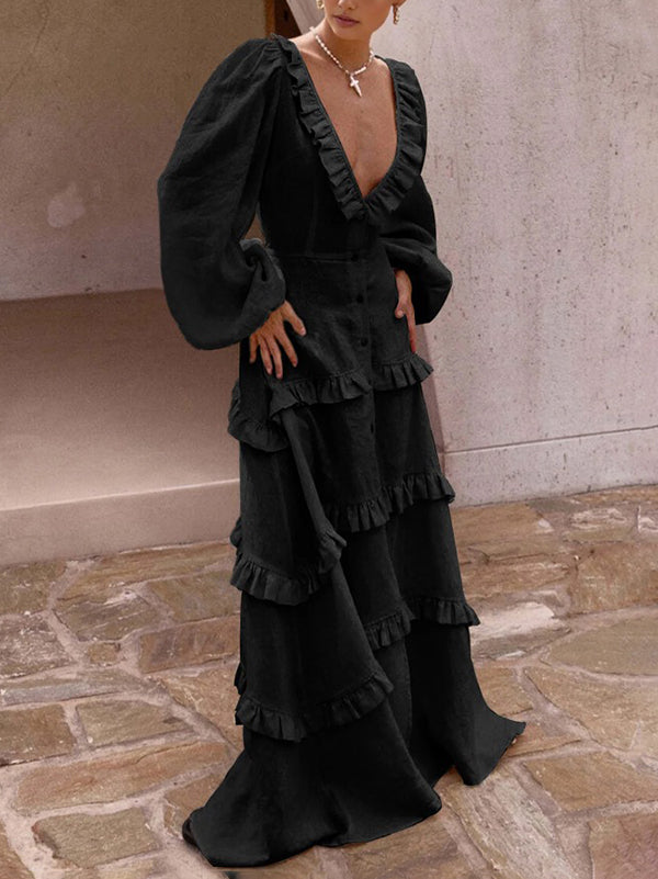 A-Line Long Sleeves Buttoned Elasticity Pleated Ruffle Trim Solid Color Split-Joint Tied Waist Deep V-Neck Maxi Dresses