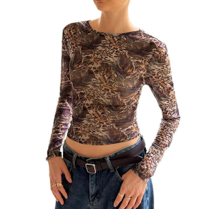 Mesh Leopard Print Round Neck Sheer Blouse