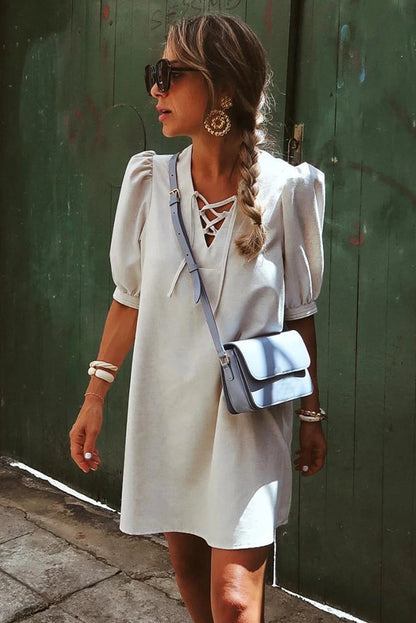 Beige Lace Up V Neck Bubble Sleeve Short Shift Dress