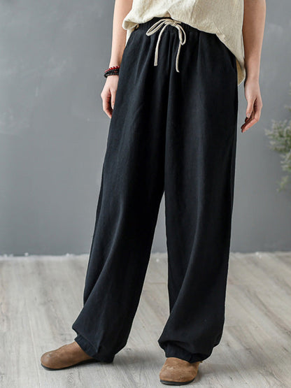 Simple Ramie Cotton Elasticity Waist Loose Knickerbockers&Capri-Pants
