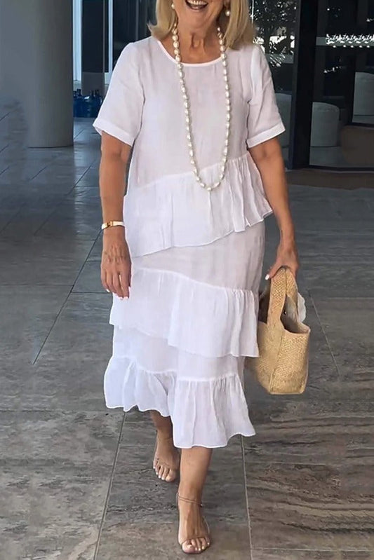 Linen Blend Solid Color Round Neck Casual Loose Midi Dress